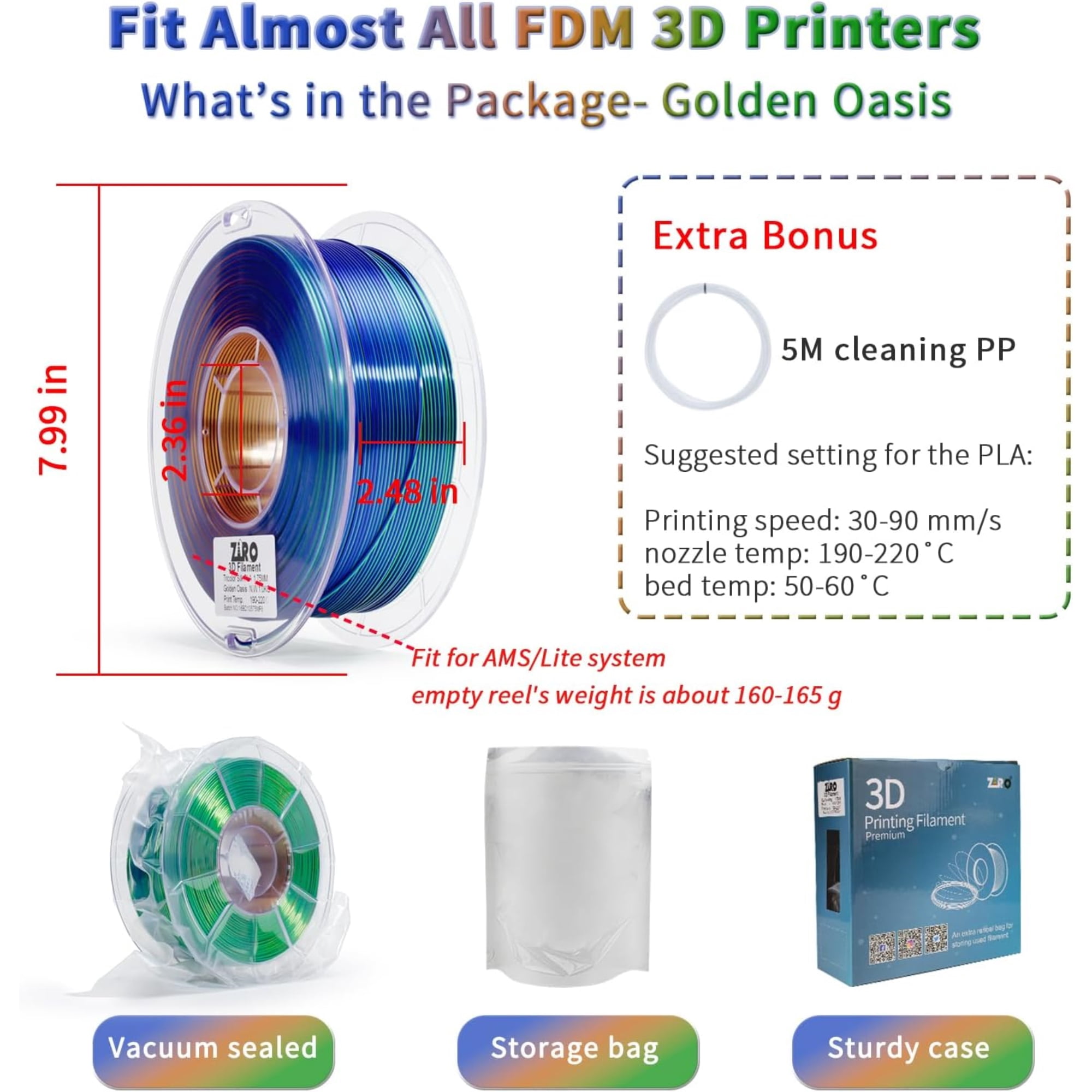 Ziro 3D Tri-color Silk PLA 1.75mm  1kg, Golden Oasis