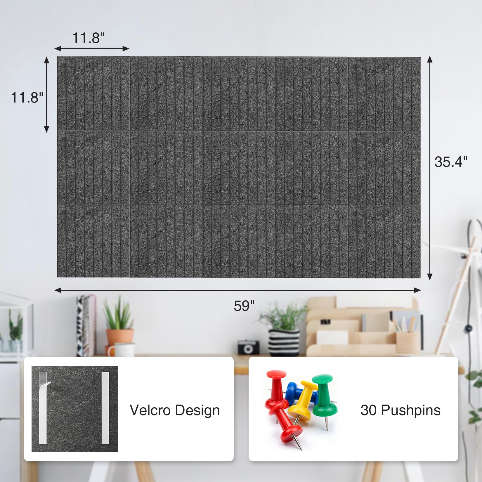 15 Pack Felt Bulletin Board Tiles 12 x 12 Inch Self Adhesive Pin Board Wall Panels with Push Pins Cork Board Alternative for Office Classroom Home Wall Decor, Gray