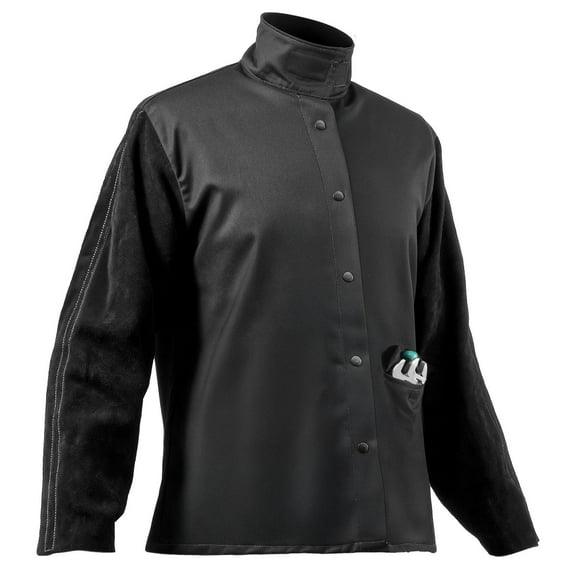 FR Welding Jacket, Medium, Heavy-Duty Cowhide Leather & 9oz Flame Resistant Cotton Blend, for Metalworking, Grinding, HVAC