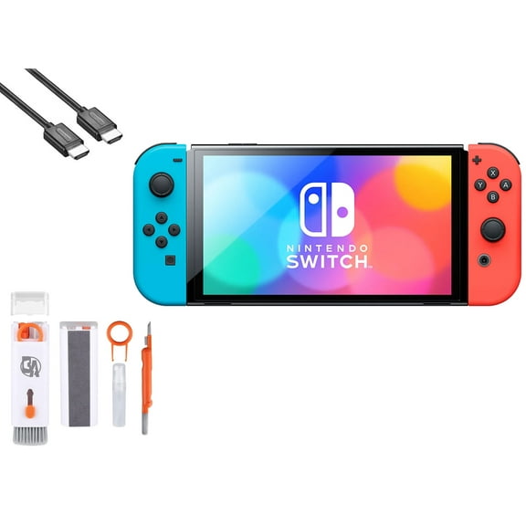 Pre-Owned Nintendo Switch OLED Model Neon Blue/Neon Red Set with BOLT AXTION Cleaning Kit HDMI Bundle