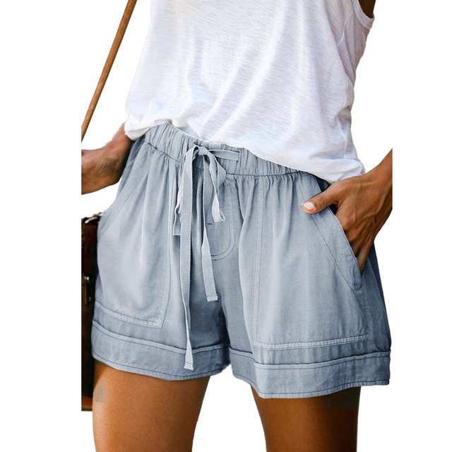 Pantalones cortos casuales para mujer, elásticos, cintura media, cierre de cordón, piernas anchas, pantalones cortos de verano con bolsillos laterales