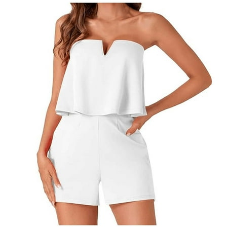 ZIZOCWA Tummy Control Jumpsuit for Women Dressy Summer Bandeau Jumpsuit Casual 2024 Strapless Rompers for Women Solid Color Sleeveless Shorts Overalls Grey SizeXL