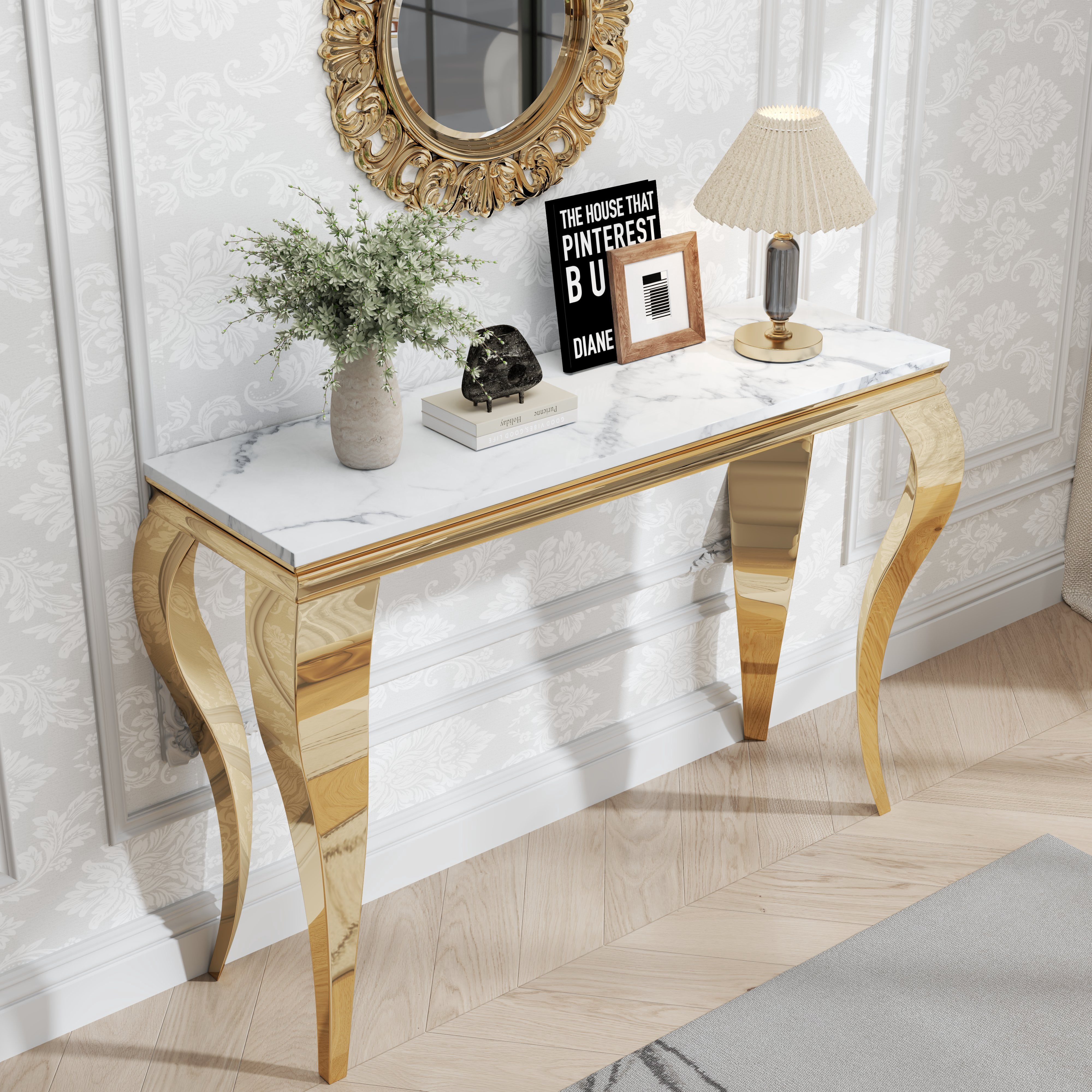 47" Modern Faux Marble Console Table, Rectangular Top & S-Shaped Stainless Steel Base, Narrow Entryway Table for Entrance, Hallway, Foyer, or Living Room