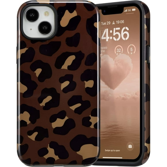 TEMOGU-Case for iPhone 13/iPhone 14, Cute Brown Leopard Print Aesthetic Trendy Pattern for Women Girls Slim Durable Bumper Shockproof for iPhone 13/iPhone 14 Case, Leopard/Glossy