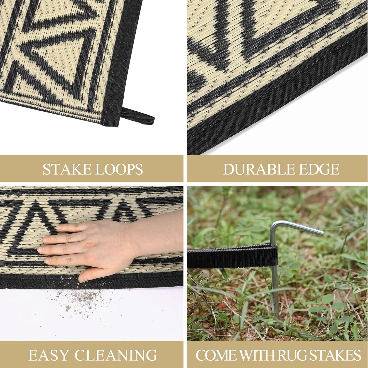 Twister.CK 9' x 12' Plastic Outdoor Rugs, Waterproof Bohemia Straw Rug Reversible Outside Carpet for Patio Deck Porch Backyard Camping Picnic Beach, Black & Brown