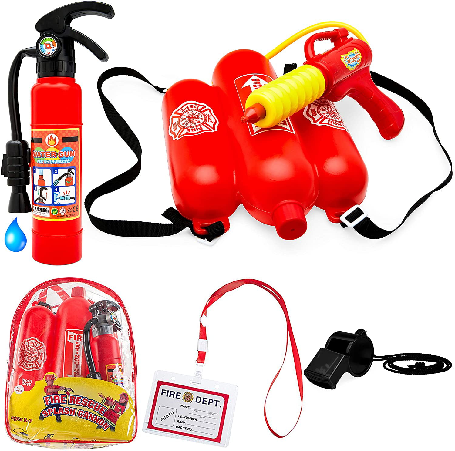 5 pcs Fireman Toys for Kids fireman Costume 5 Piece Premium Firefighter Water Gun Toy Set and fire Toy Extinguisher. for Fireman Costume