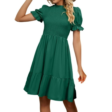 

Wiueurtly 2023 Spring And Summer Leisure Women s Solid Color Slim Stand Collar Waist Closed Short Sleeve Dress Women Night Gown Dresses