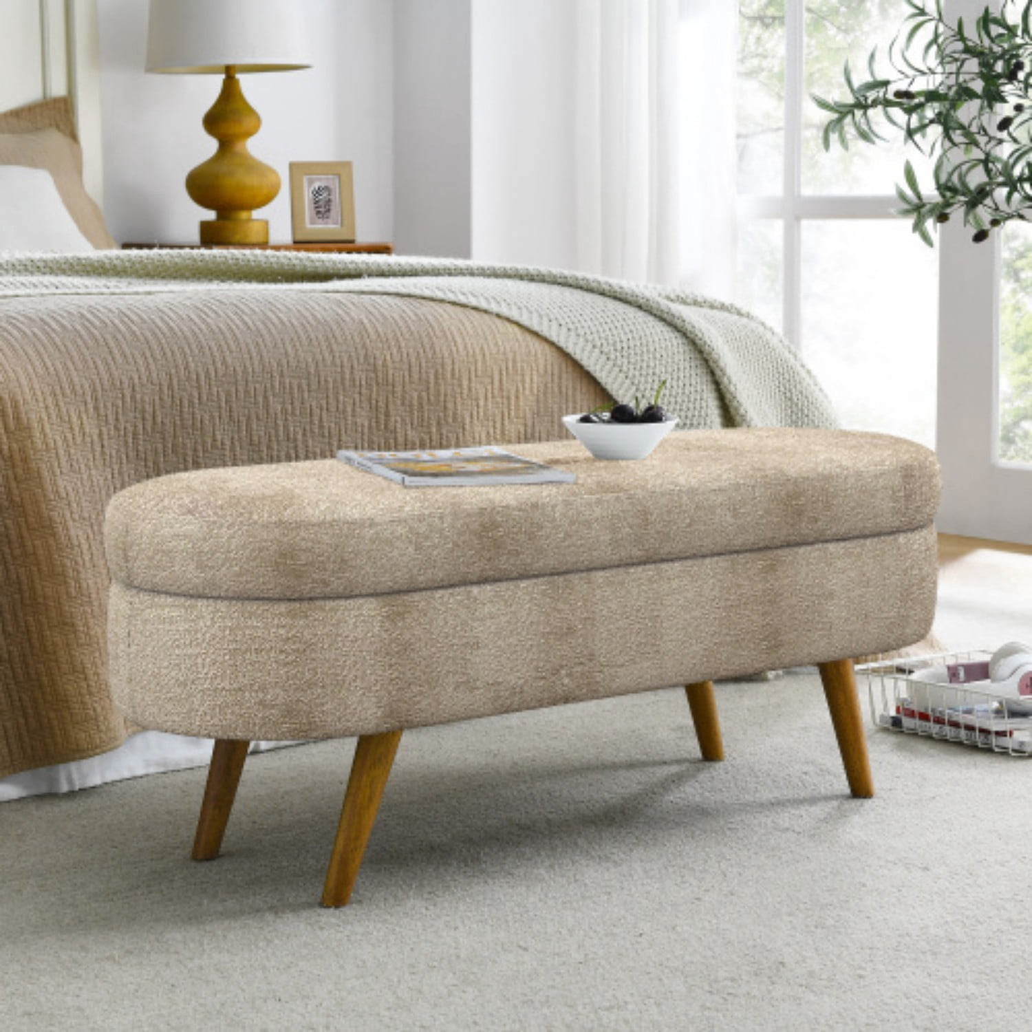 44" Oval Storage Ottoman Bench with Hidden Storage, Upholstered Fabric Ottoman Bench with Rubber Wood Legs for Bedroom, Entryway, Living Room, Brown