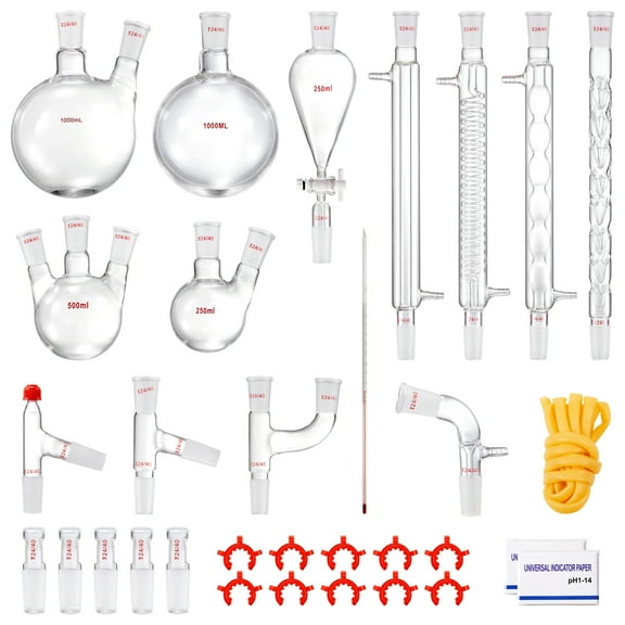 VEVOR Lab Distillation Kit, 3.3 Boro Lab Glassware Distillation Kit with 24, 40 Joint, 1000ml Essential Oil Distillation Apparatus Kit, 32 pcs Set of Glassware Equipment