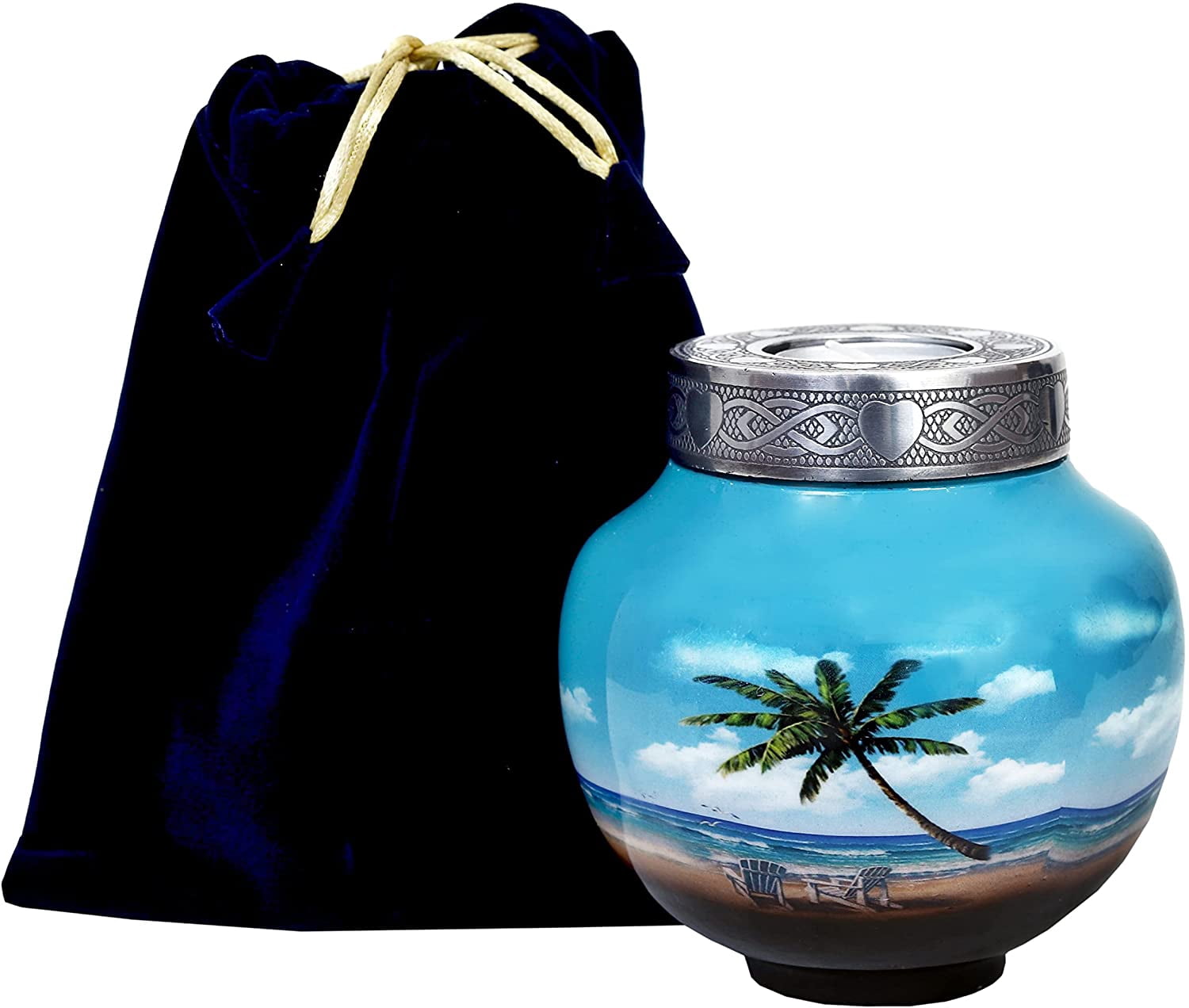 RUZIOON Lovely Beach Urn Blue Palm Tree Design Cremation Urns for Human Ashes Cremation Sharing Urn to Remember Your Loved One Medium Funeral Urn - Modern Beautiful Memorial Urn 6 x 5