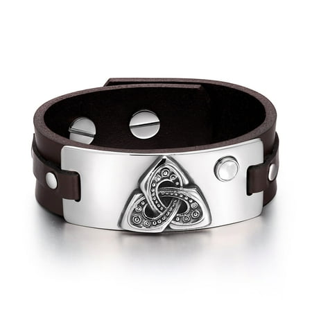White Knotted Leather - Celtic Triquetra Knot Magic Powers Amulet Tag White Simulated Cats Eye Adjustable Brown Leather Bracelet