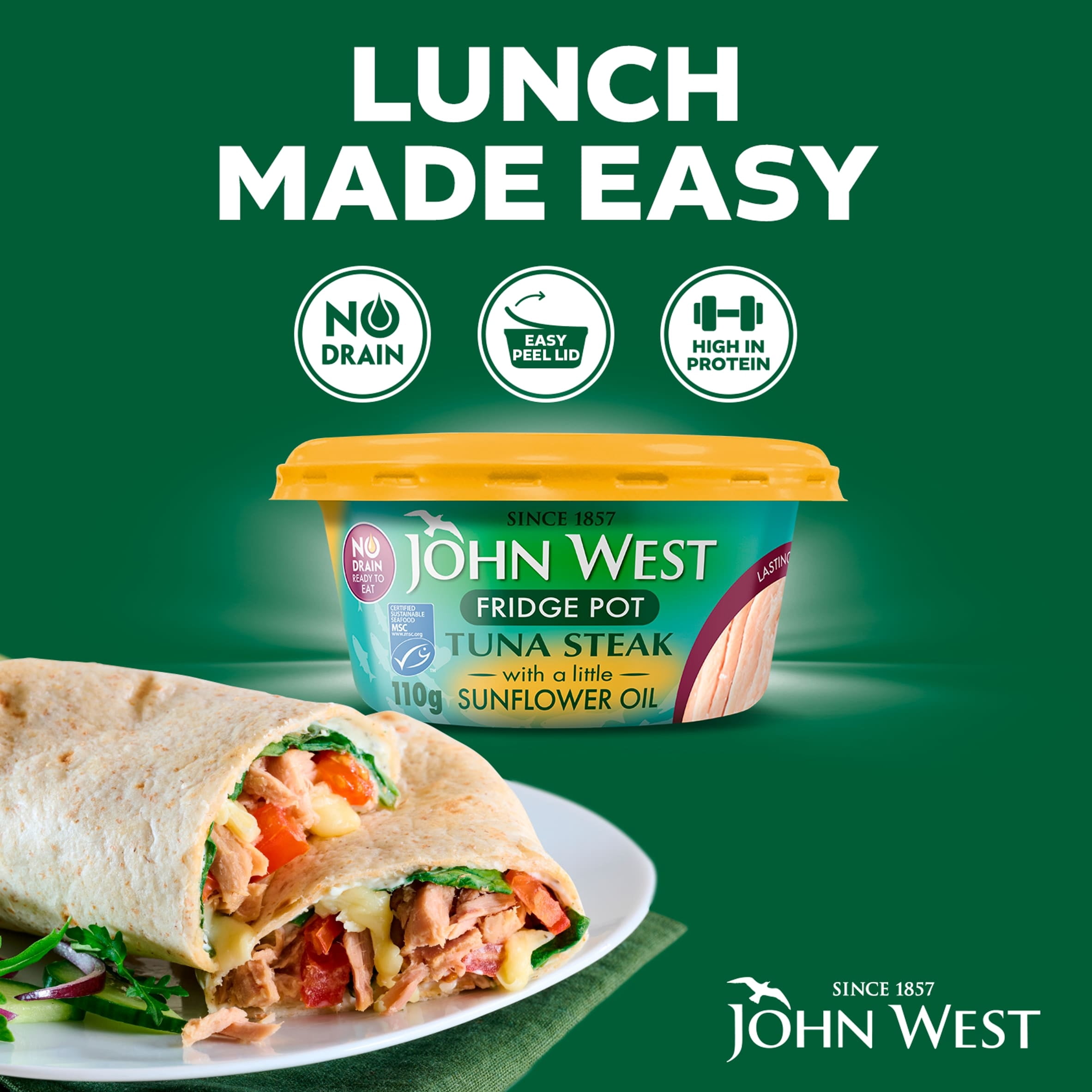 John West No Drain Fridge Pot Tuna Steak with a Little Sunflower Oil 110g, Imported from Britain