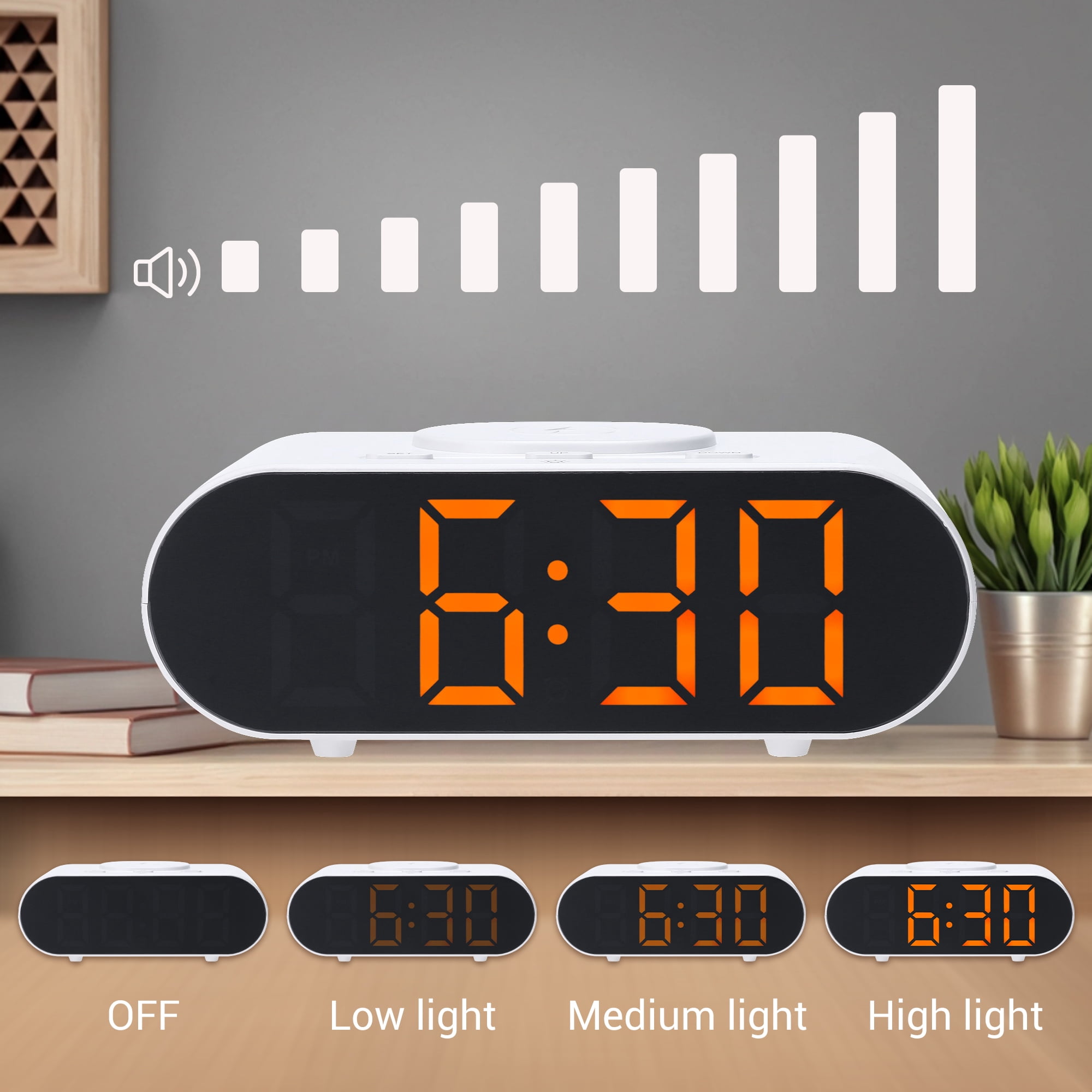 REGALWOVEN Oval Alarm Clock with Nightlight, Dimmable, 12/24H,USB Port, Wireless Charging, Decorate for Bedroom 7.1 x 3.1 x 2.4 inch Orange