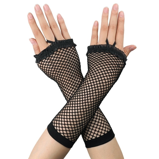 INSPIRE CHIC Paire de Manchettes Gothiques en Filet Élastique Sans Doigts pour Femmes en Noir. Ces Manchettes Offrent un design en Résille avec un style Sans Doigts, s'Étendant jusqu'à la Longueur du Coude. Fabriquées de nylon et de Tissu Élastique, Elles Offrent un Ajustement Serré et Confortable. la Couleur Noire et l'Esthétique Inspirée du Gothique en Font un Accessoire Stylé pour Diverses Tenues.