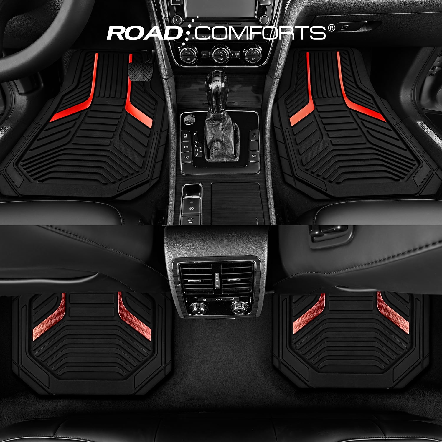 Road Comforts Heavy Duty Rubber Floor Mats Red Aluminum Film Car Mats Set, Front and Rear Car Mats
