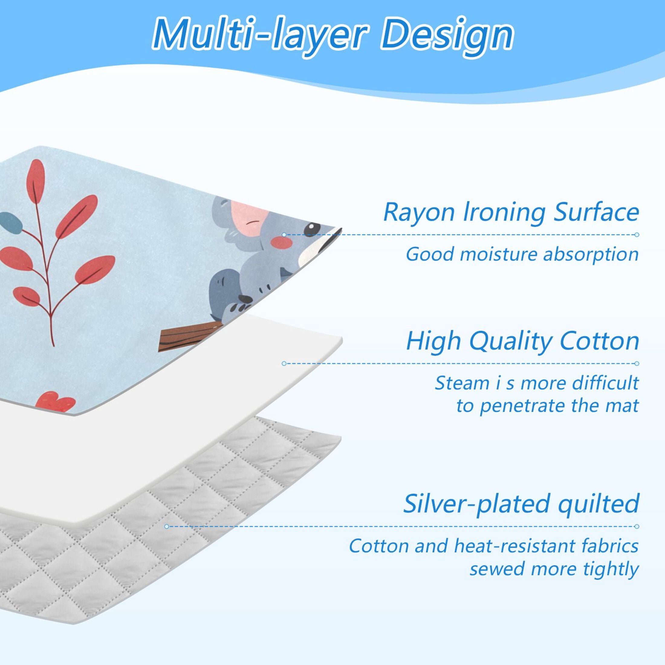 Cartoon Koala on Branch Heart Leaves Ironing Mat Blanket Portable Travel Ironing Pad Heat Resistant Pad 47.2" x 27.6”