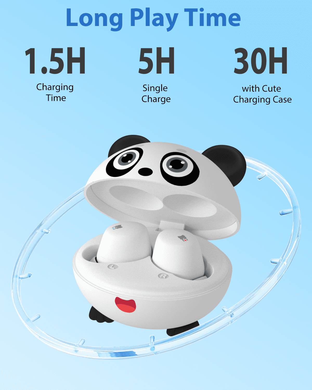 Wireless Earbuds for Kids, Built with Mic, 85dB Safe Volume, Light Weight, Bluetooth 5.3, IPX6 Waterproof, Passive Noise Cancelling, Girls Boys Teen Earbuds for School Travel, Panda