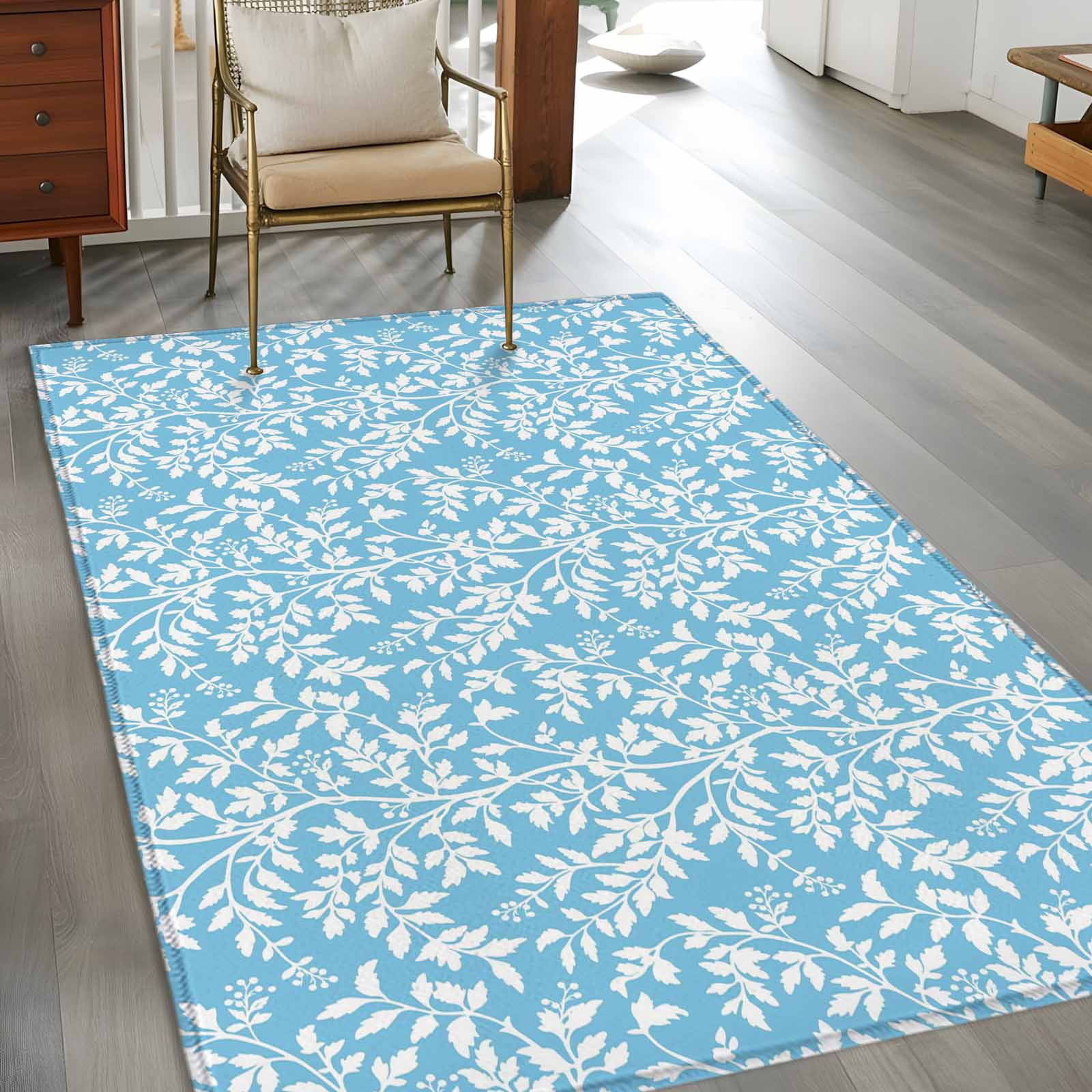 Area Rugs for Living Room Bedroom, Blue Spring Floral 4'x6' Rug Washable Carpet Runner Indoor Outdoor, Farmhouse Flowers Elegant Pastoral Non Slip Accent Floor Mats Rug for Kitchen, Office