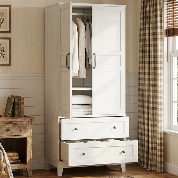 Armoire Wardrobe Closet with 2 Drawers, 72" Tall Wooden Clothing Wardrobe with Hanging Rod & DIY Adjustable Shelf, Heavy Duty Bedroom Armoire Storage Cabinet with Doors, Rustic White