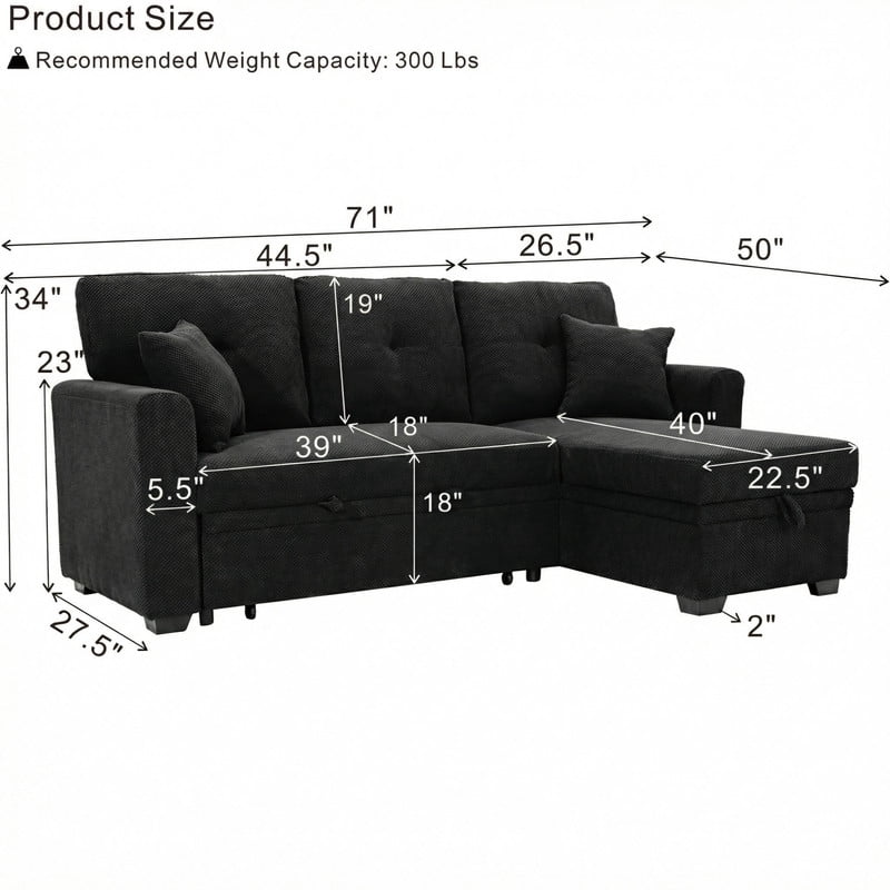 Convertible Sleeper Sectional Sofa with Pull-Out Bed & Reversible Chaise, Loveseat Couch with Hidden Storage for Small Spaces