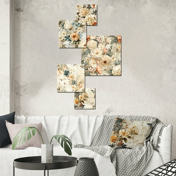 Designart "Harmonious Flower Beauty In Vintage Countryhouse" Patchwork Wall Art Set Of 5 - Beige Vintage Office Room Metal Wall Art Set