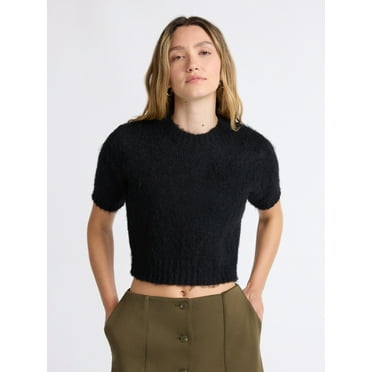 Scoop Women's and Women’s Plus Fluffy Sweater with Short Sleeves, Lightweight, Sizes XS-4X