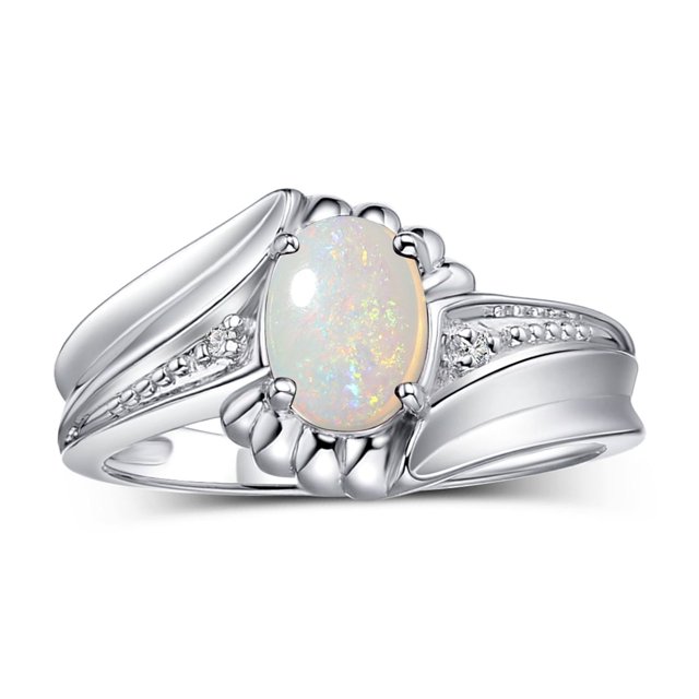 RYLOS Rings for Women Sterling Silver Swirl Z Ring 7X5MM Oval Gemstone & Diamond Rings October Opal Jewelry Size 5