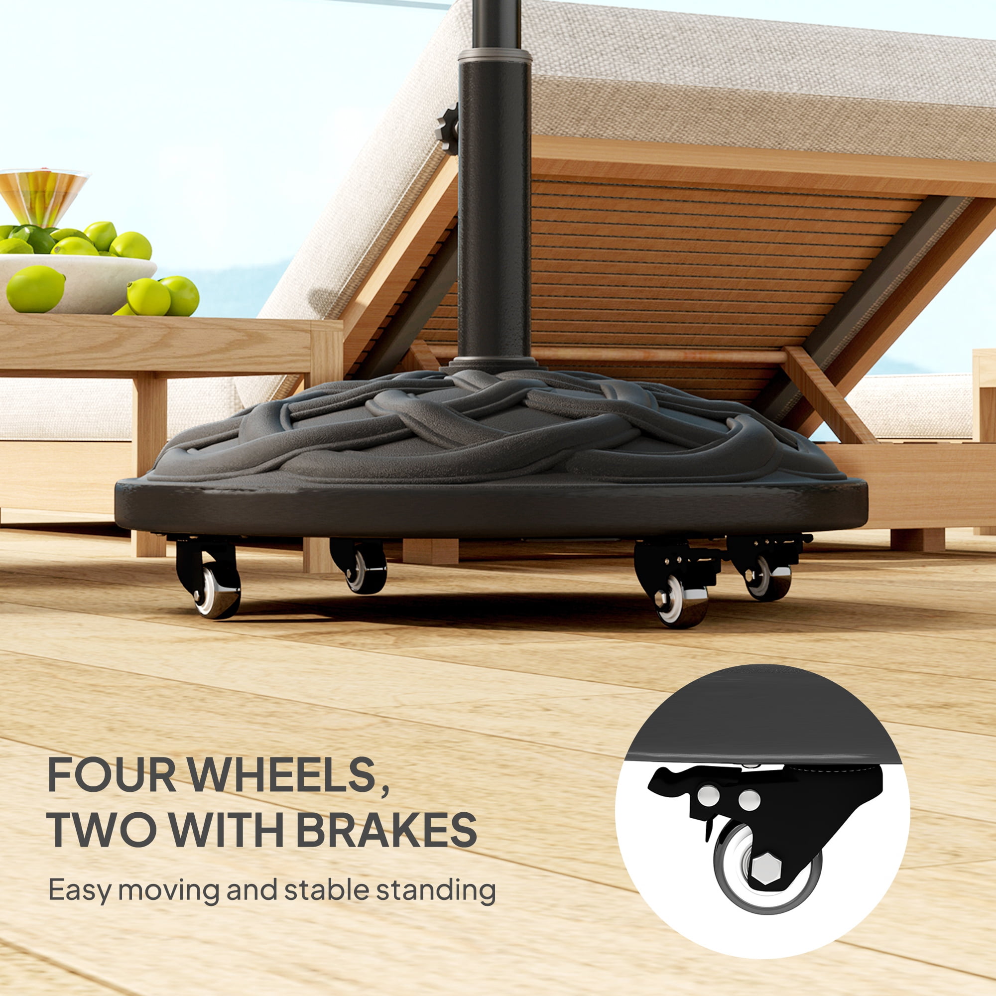 Round Patio Umbrella Base with Wheels, 44 lbs Resin Umbrella Stand Base, Heavy Duty Patio Umbrella Holder for 1.3"/1.5"/1.9" Umbrella Poles for Outdoor, Lawn, Poolside, Black