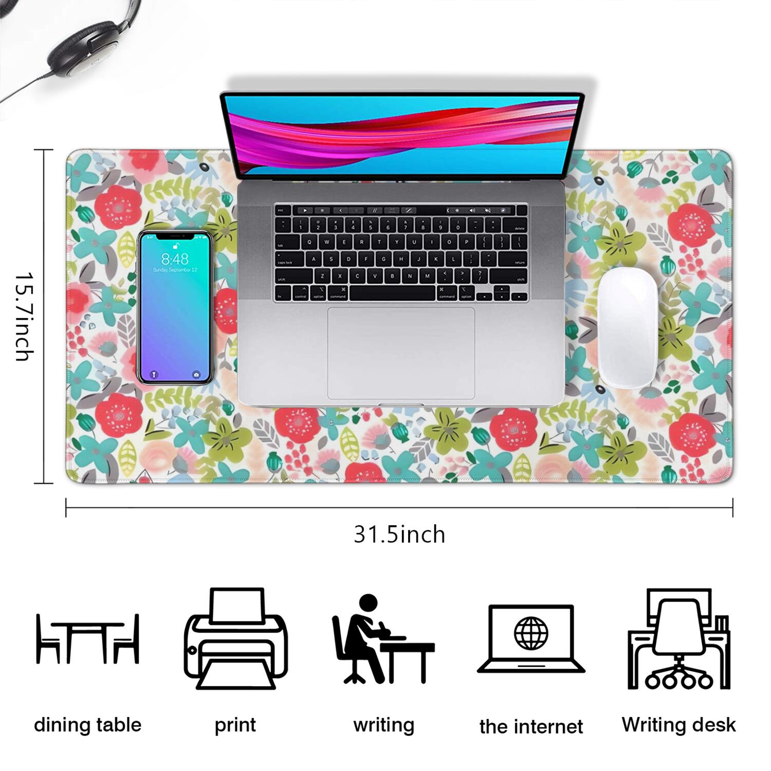 Long Mouse Pads for Desk,Pioneer Flower Floral Print Pattern Desk Mats on Top Of Desks, Desk Mouse Pad Extra Large with 3mm Non-Slip Base and Stitched Edge for Gaming,Office,Work,Home 31.5"x15.7"