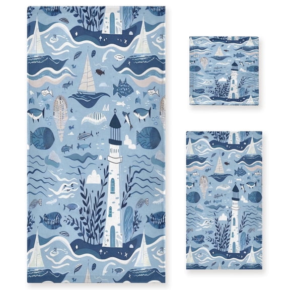 Three-Piece Towel Set Face Towel Towel Set Hand Towel Bath Towel Cotton Bath Towels Bath Towel Sets Hand Bath Towels Seaside Lighthouse