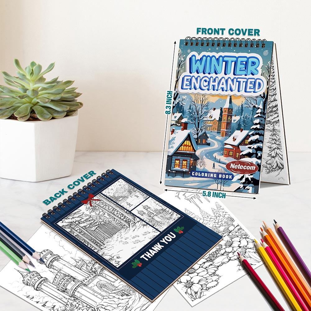 Netecom Winter Enchanted Coloring Book Spiral Bound For Adults, A5 Wooden Cover, 30 Tranquil Coloring Pages of Frozen Landscapes for Stress Relief and Relaxation
