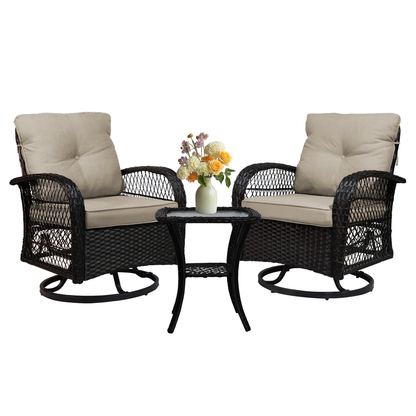 SHGJ&SOFT 3-Piece Patio Conversation Set with Thick Cushions and Glass Table, Modern PE Rattan Outdoor Furniture for Deck, Porch or Garden (Brown)