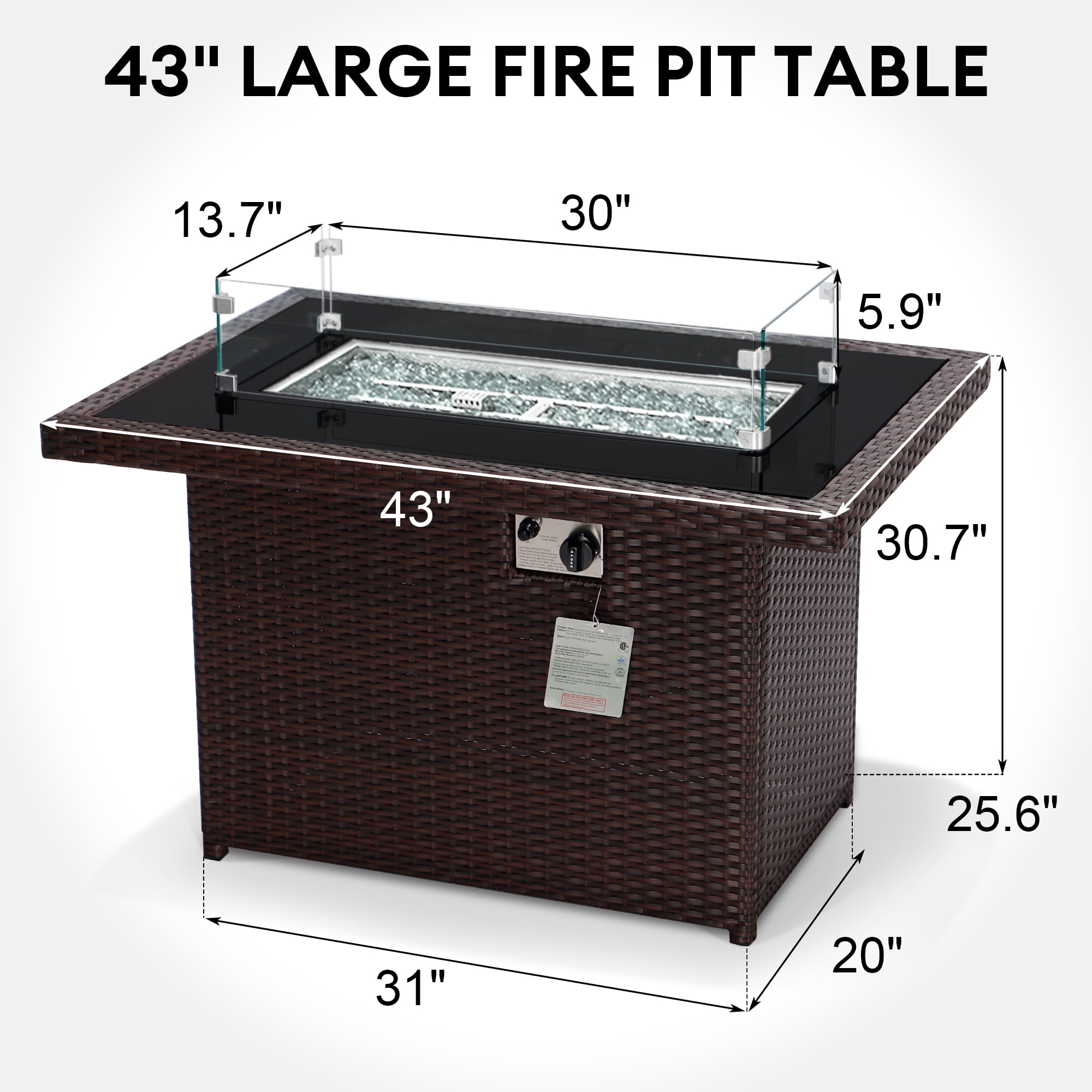 RADIATA 43" Wicker Propane Fire Pit Table, 60000 BTU Outdoor Rectangle Gas Firepit with Wind Guard, Glass Rocks & Cover, CSA Certified Patio Fire Table for Backyard Deck Garden, Brown