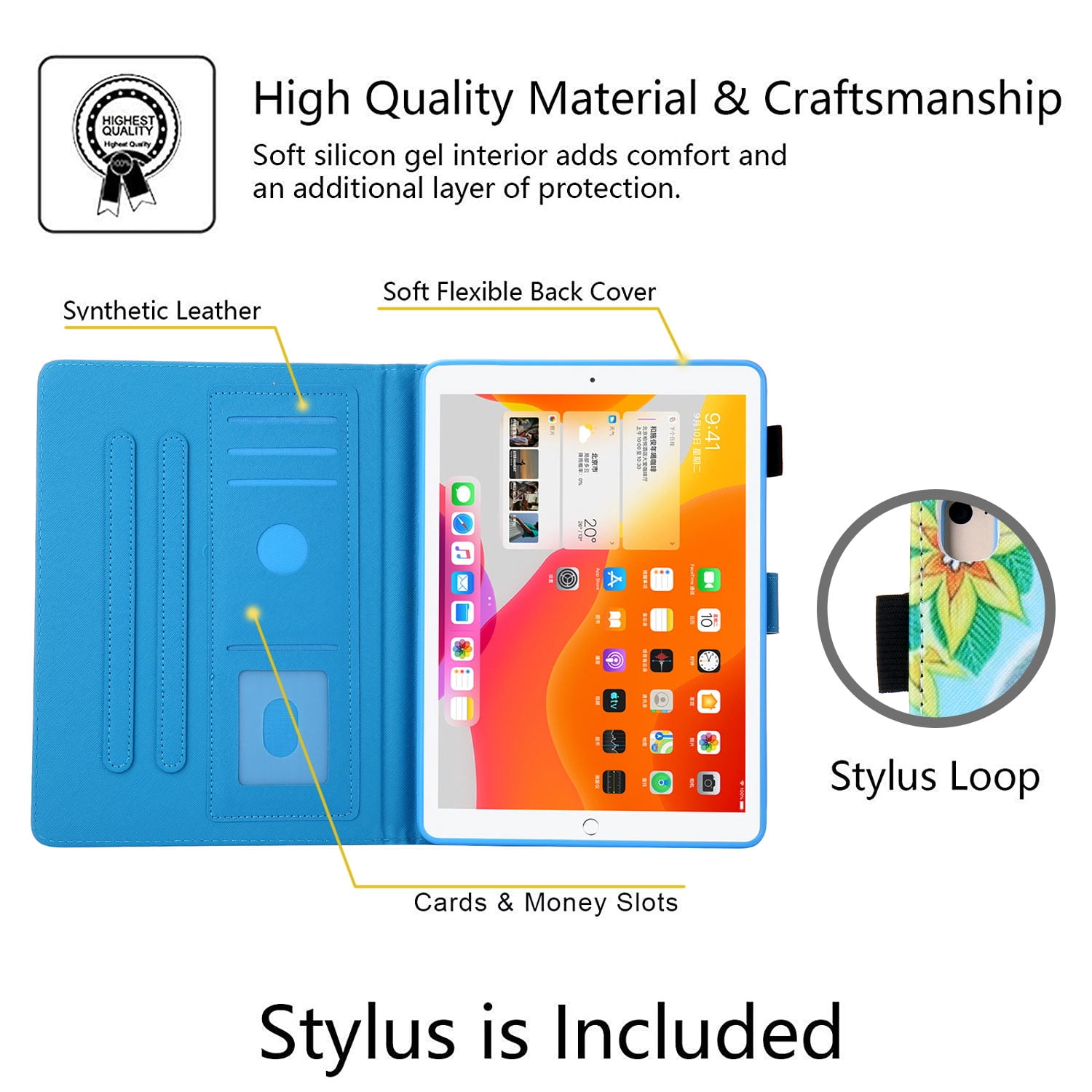 Allytech iPad 10.2 7th Generation Cases Covers, PU Leather Folio Flip Kickstand Auto Sleep Wake Protection Scratch Resistant Cards Slots Pencil Holder Case Cover for Apple iPad 10.2", Elephant