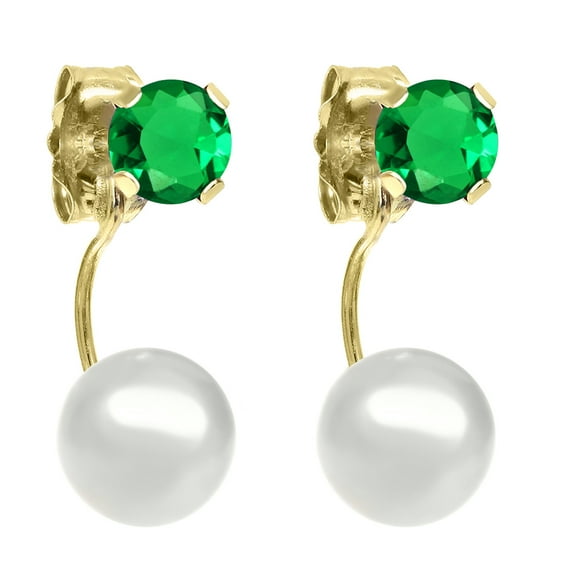 Gem Stone King 0.60 Ct Round 4mm Green Simulated Emerald 14K Yellow Gold Stud Freshwater Pearl Earrings