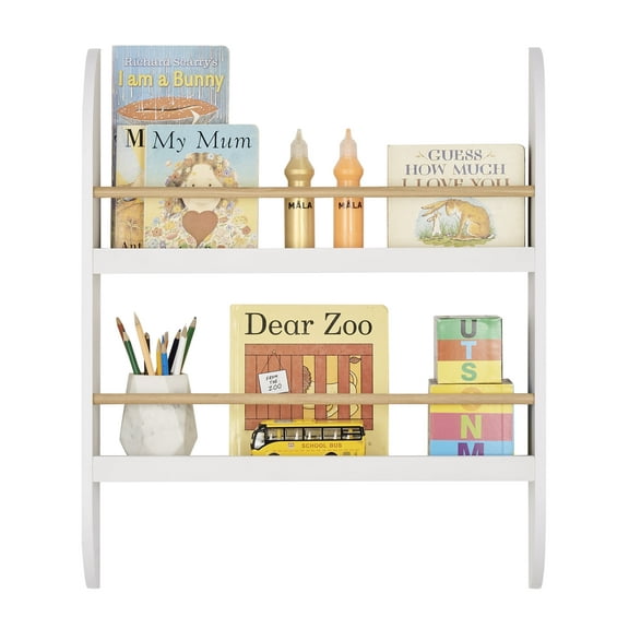 Danya B. Steiner White Rounded Contemporary 2-Tier Kids Book or Magazine Storage Wall-Mount Bookcase with Contrasting Wood-toned Rods