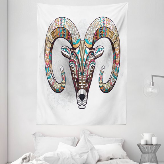 Goat Tapestry, Colorful Tribal Ornamented Head of Goat Figure African Totem Tattoo Inspired Design, Wall Hanging for Bedroom Living Room Dorm Decor, 60W X 80L Inches, Multicolor, by Ambesonne