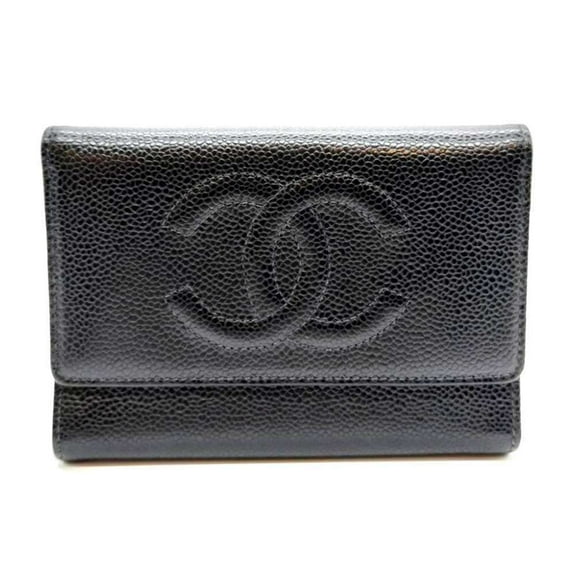 Pre-Owned Chanel Tri-fold Wallet Black Coco Mark Folding Women's Caviar Skin Leather CHANEL