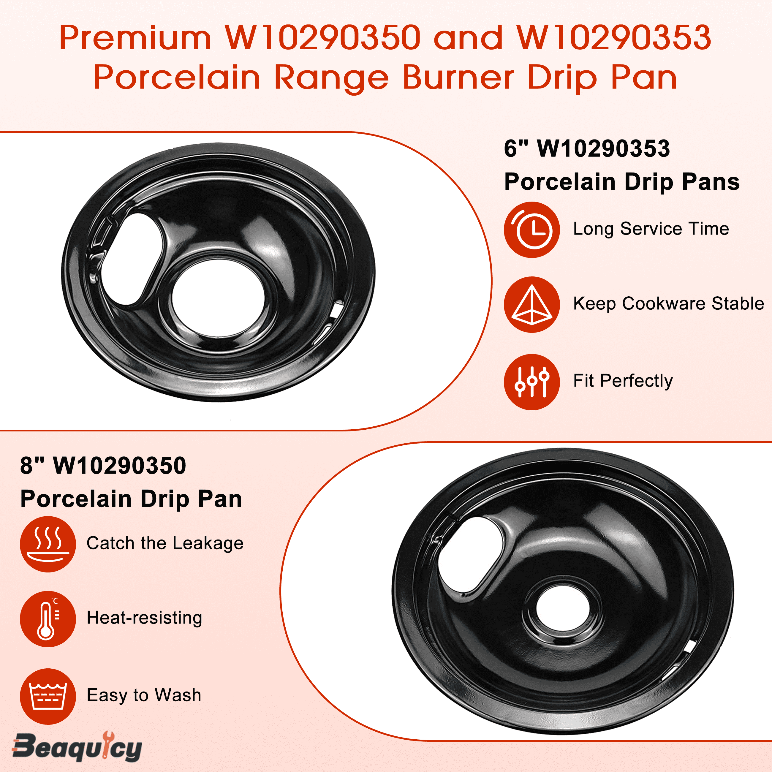 Beaquicy Porcelain Drip Pan Replacement for Electric Stove Burner W10290350 8-inch & W10290353 6-inch