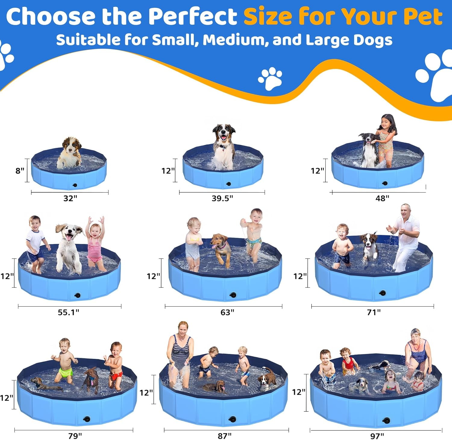 Foldable Dog Pool, 71" x 12" Large Kiddie Pool with Hard Plastic, Non-Slip Dog Bath Tub for Outdoor Backyard, Collapsible Dog Swimming Pool for Kids Dogs Pets (Blue)