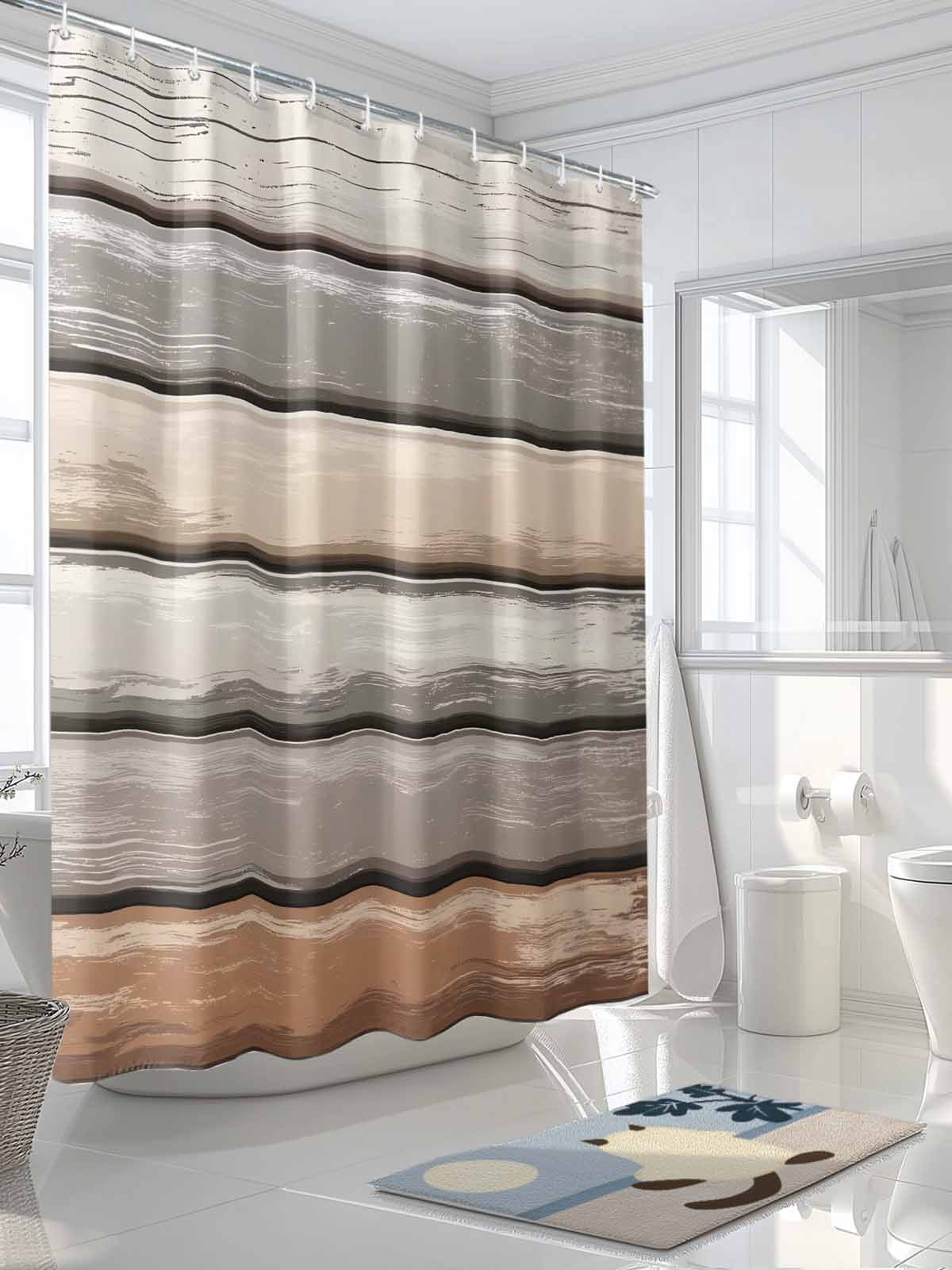 Brown Beige Stripes Shower Curtain Set, Waterproof Shower Curtains for Bathroom, Geometric Painting Neutral Textured Washable Fabric Cloth Bath Curtain for Bathtub Decoration with Hooks 48x72 Inches