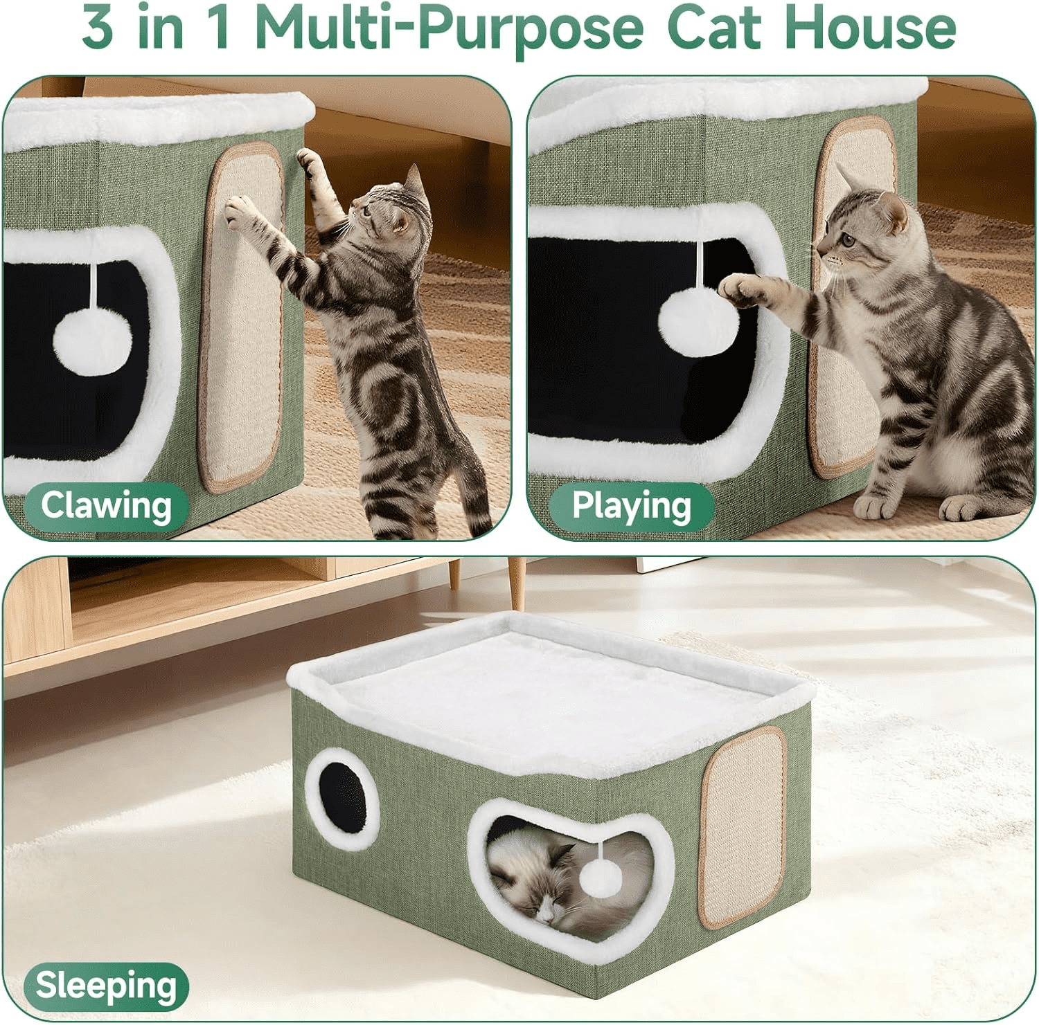Cat Beds for Indoor Cats, Extra Wide Large Cat House for Pet Cat Cave with Scratch Pad and Fluffy Hanging Ball,Foldable Cat Cube Hideaway,Green