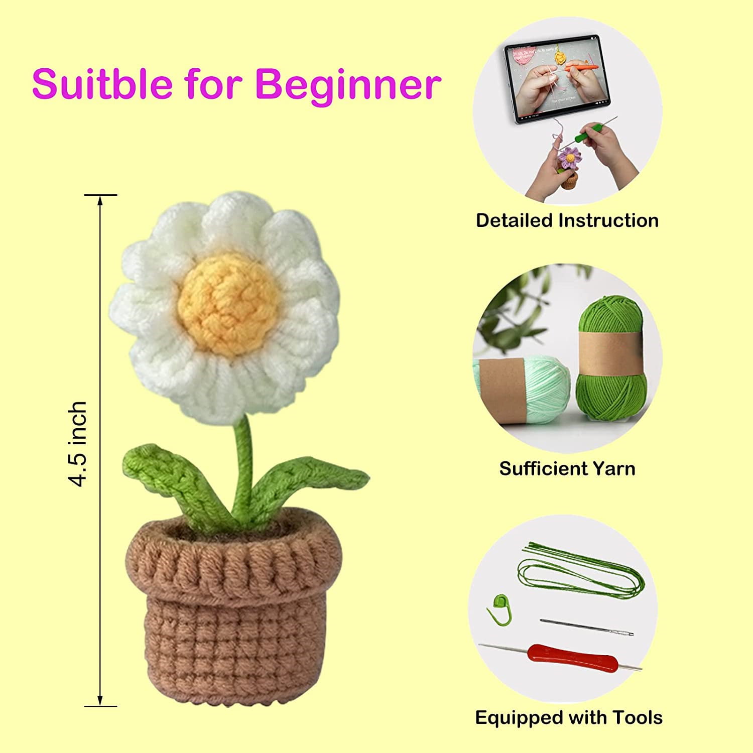 Iuuidu Crochet Kits for Beginners, Flower Crochet Kit,Crochet Starter Kit 6  PCS Potted Plants with Step-by-Step Video Tutorials for Complete Beginners