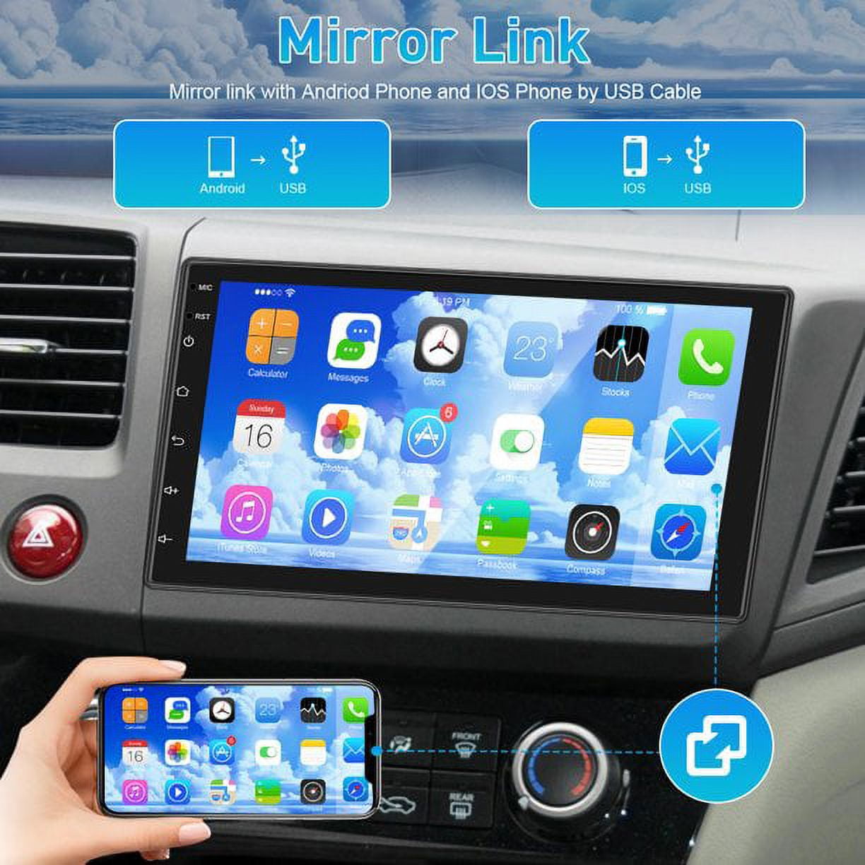 Podofo Universal 2 Din 7" HD Touch Screen Car Stereo Radio with Apple Carplay Android Auto System Car MP5 Player Bluetooth FM USB Charging Mirror Link, with 4 LED Backup Camera
