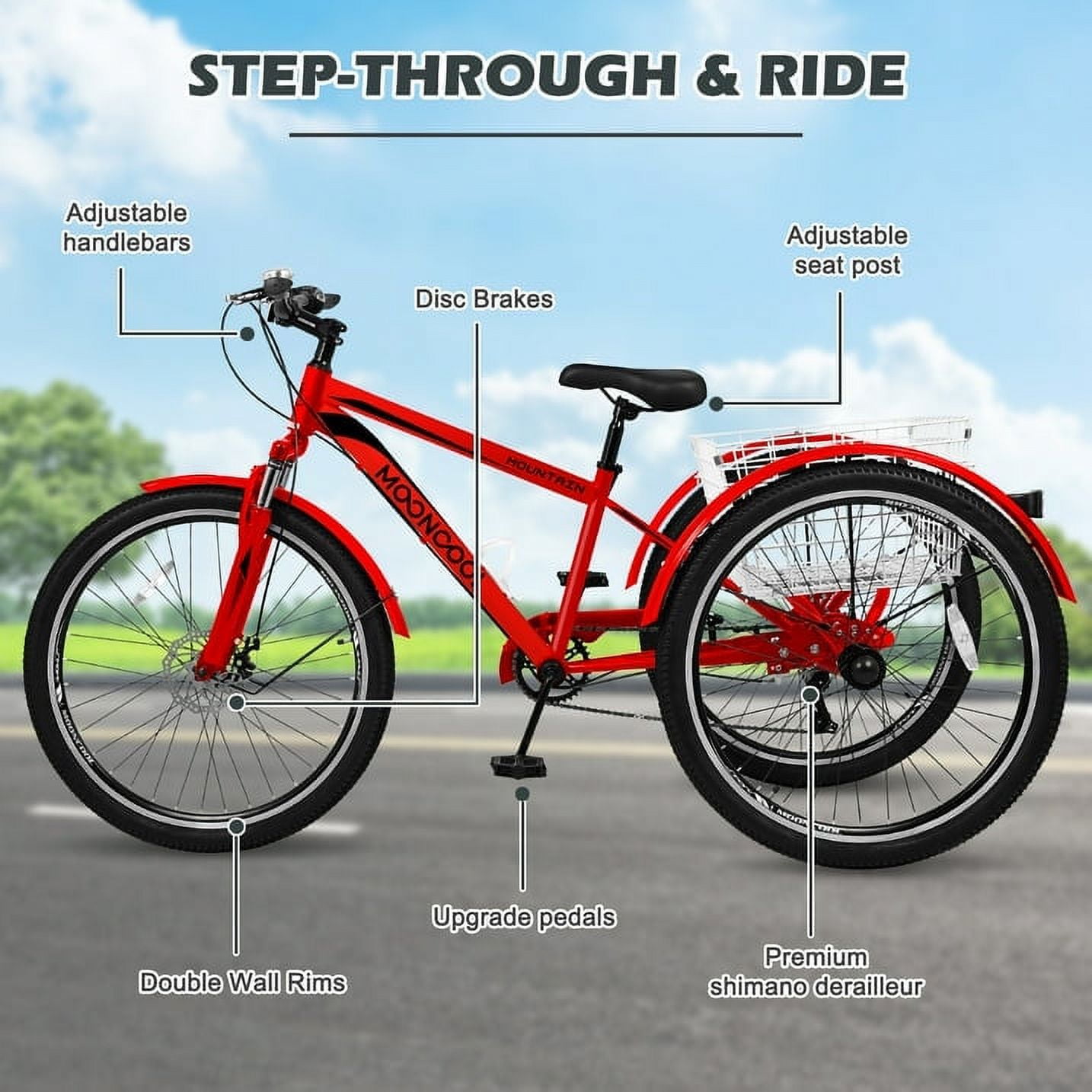 ABORON 24/26/27.5 Inch Adult Mountain Tricycle, 7 Speed Three Wheel MTB, Adults Trikes Cruiser Bikes with Shopping Basket & Accessories, Exercise Men's Women's Tricycles