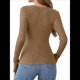 thumbnail image 4 of Camisas de Larga para Mujer, Cuello en V, Punto Acanalado, Corte Ajustado, Suéter con Botones, Blusa Informal de Trabajo para Otoño. Caqui L, 4 of 10