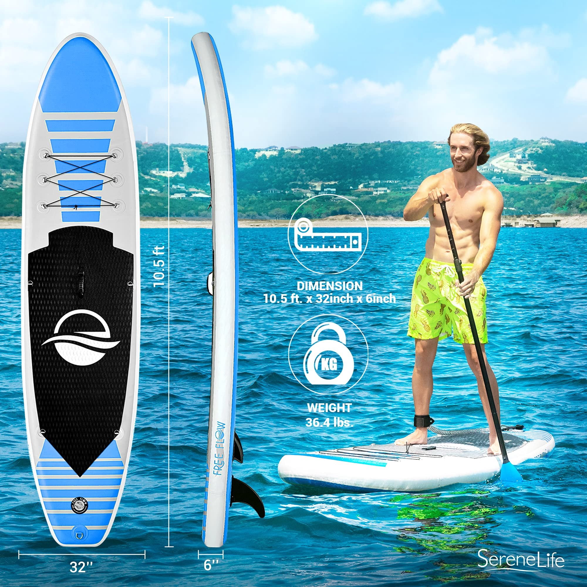 SereneLife 105 Inflatable Stand Up Paddle Board and Detachable Seat  Free Flow SUP Paddleboard Set for Adults, Non-Slip EVA Deck Pad, Marine-Grade Build, 30" Wide Design, 285+ lbs. Capacity