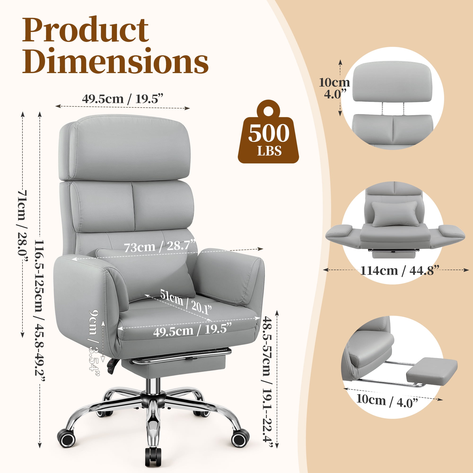 COOLHUT Big and Tall Office Chair 500LBS, Wide Seat Executive Office Desk Chair with Adjuatable Armrests and Headrest, PU Leather Hight Back Computer Chair with Footrest and Lumbar Suppor, Light Gray