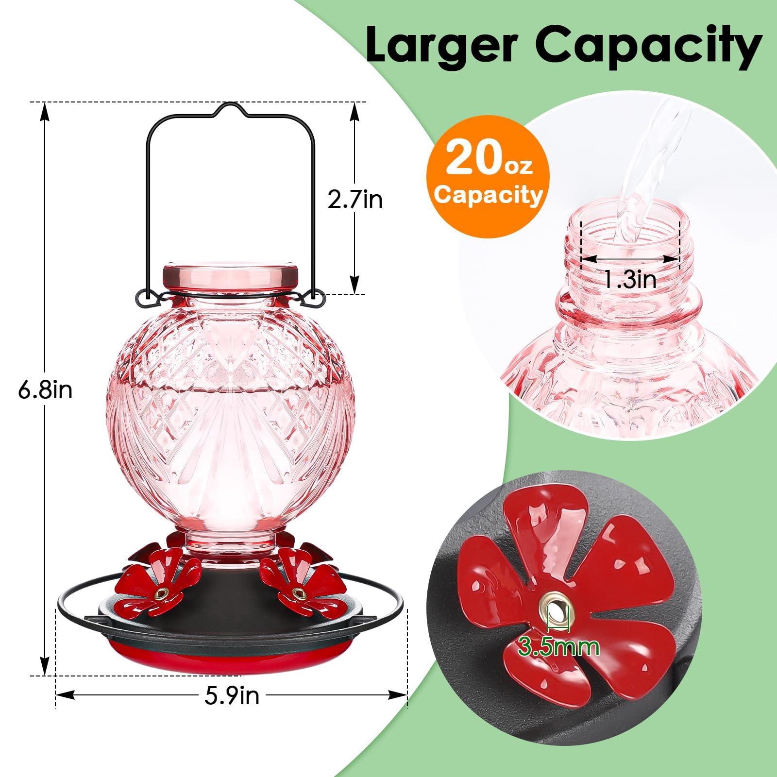 25 OZ Glass Hummingbird Feeder for Outdoors Hanging, Humming Bird Nectar Feeder with Ant Moat, 4 Bee-Proof Feeding Ports, 360° Perch, Leak-Proof, Gifts for Women Mom, Red