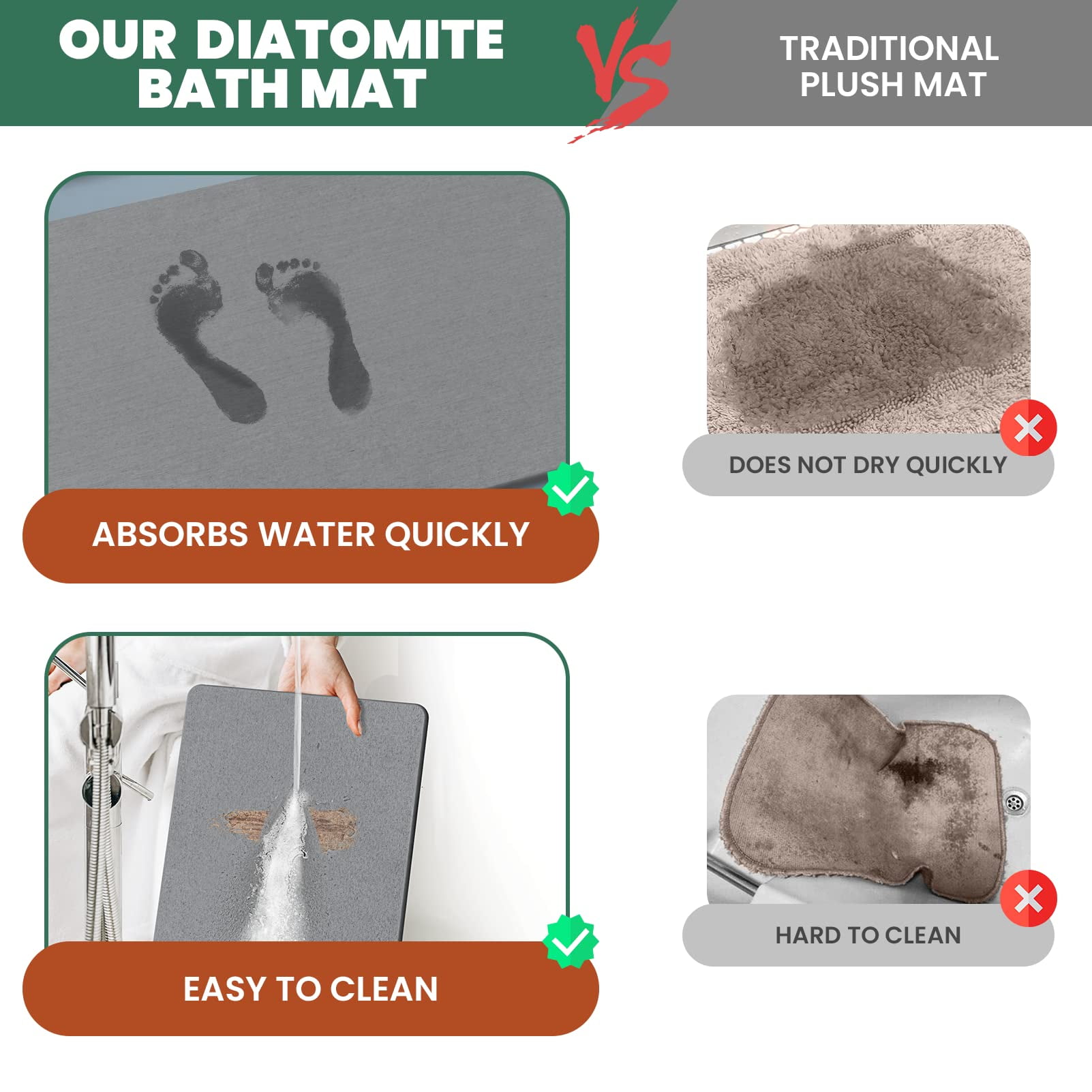 AWW Stone Bath Mat, Diatomaceous Earth Bath Mat, Quick Drying Bath Stone  Mats for Bathroom Kitchen, Easy to Clean 23.62x15.47, Grey
